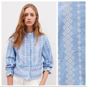 Zara Blue Cotton Embroidered Blouse/Shirt. Size XS.